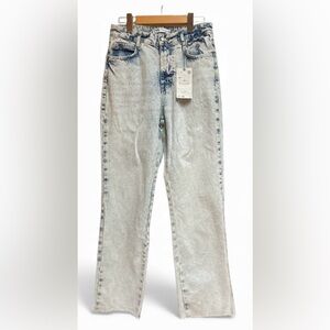 NWT ZARA Jeans Women Sz 6 High Rise Straight Leg Fringe Raw Hem Blue Denim Pants